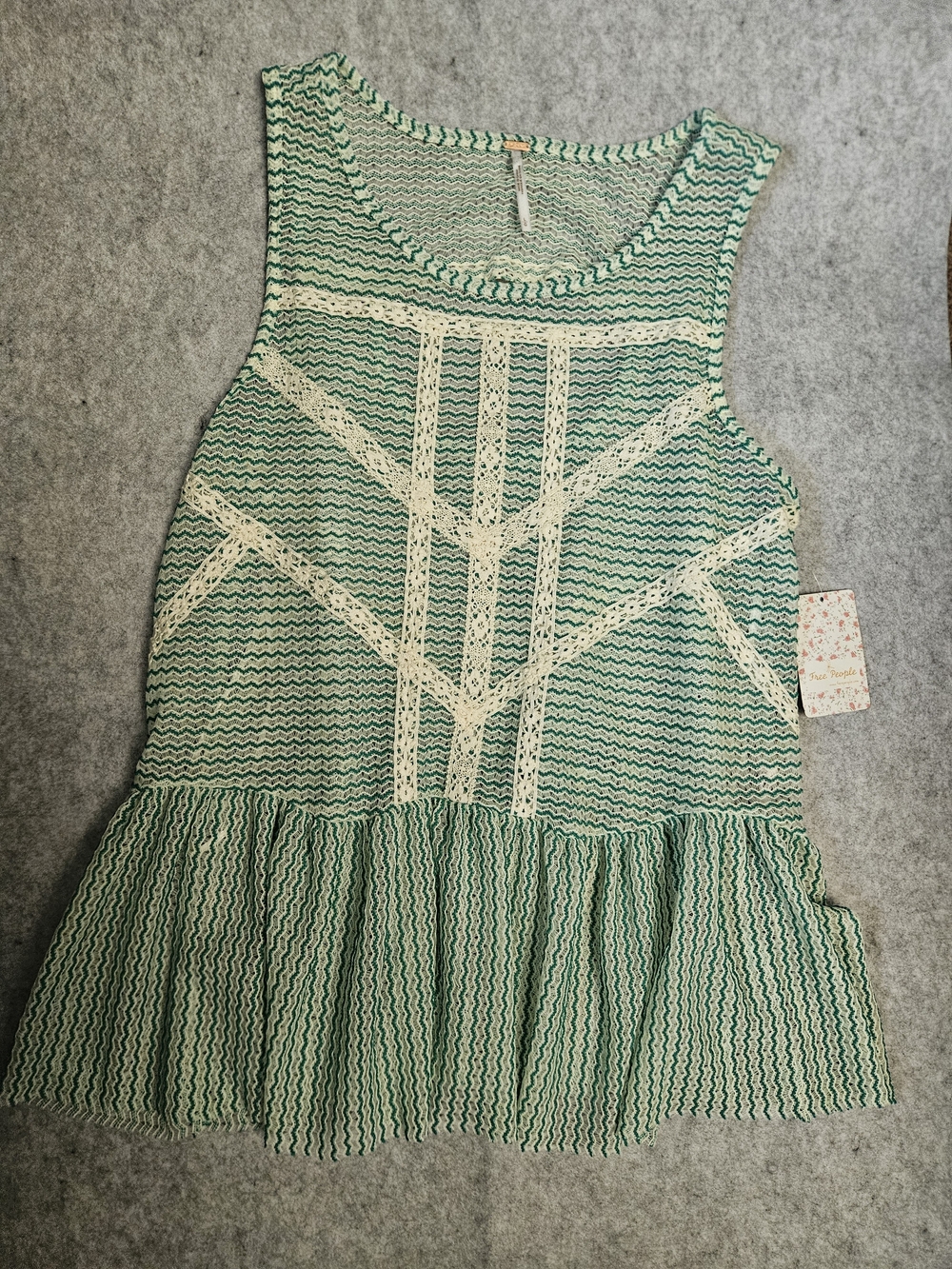Free People Green and Ivory Lace Trim Tank Top